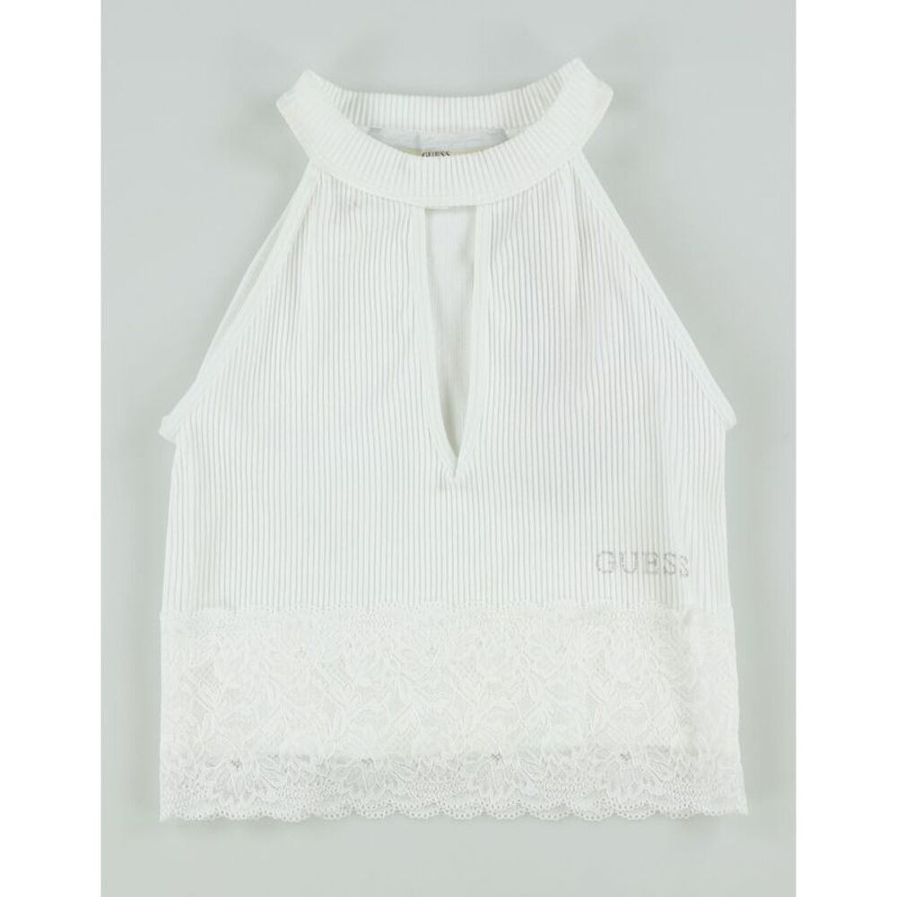 GUESS Womens Embellished Lace Trim Tank Top, White, XS, DM
